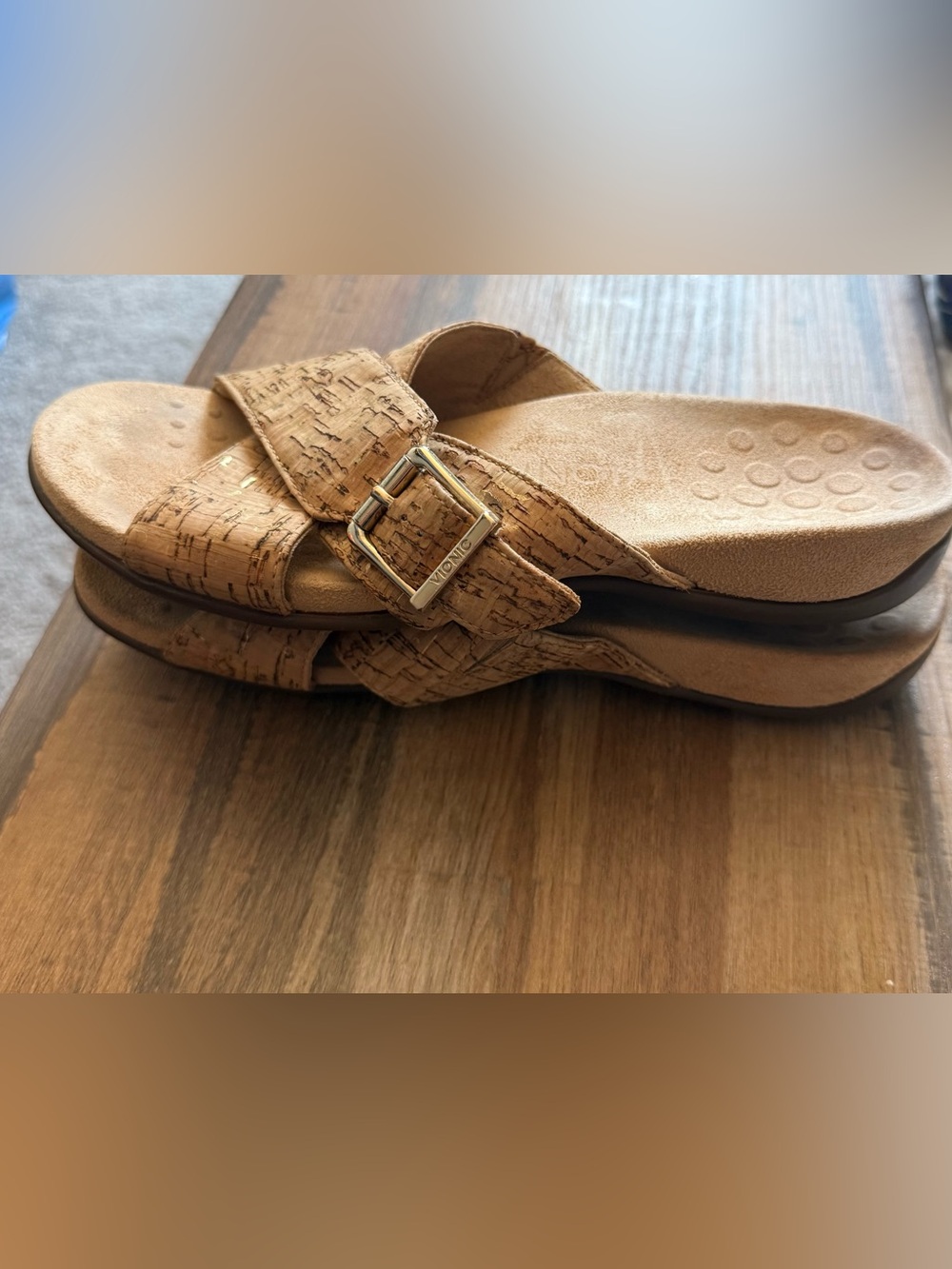 Vionic Cork-Textured Slide Sandal with Gold Buckle - Tan